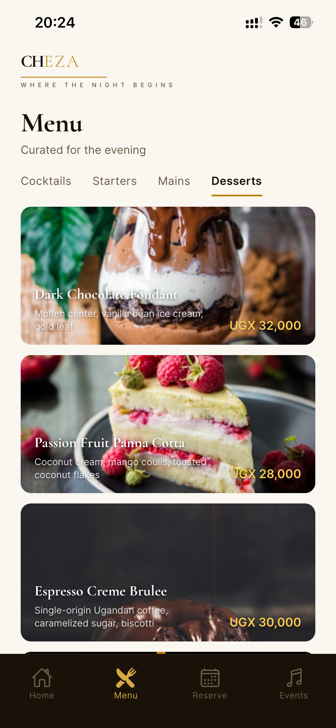 Cheza app home screen